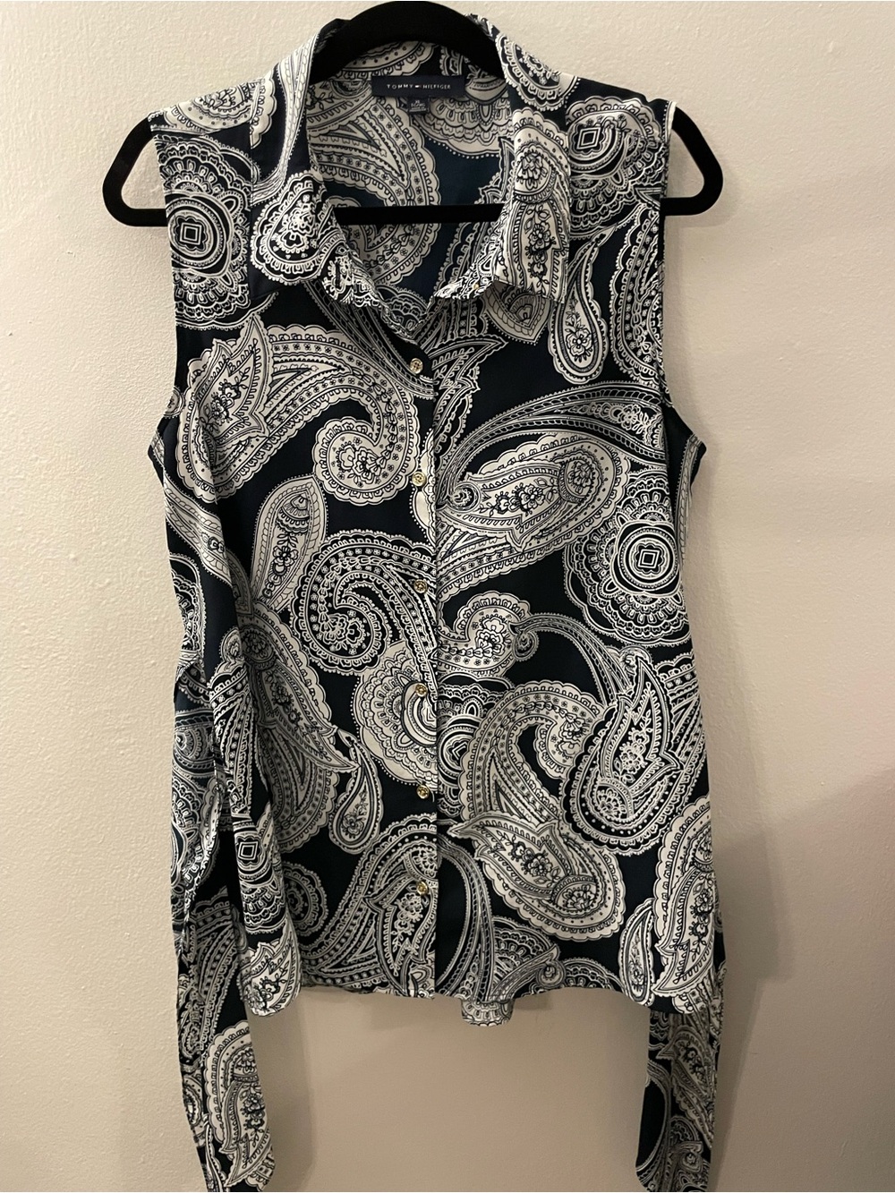 Tommy Hilfiger Sleeveless Paisley Print Button-Front Blouse Navy Blue & White XL